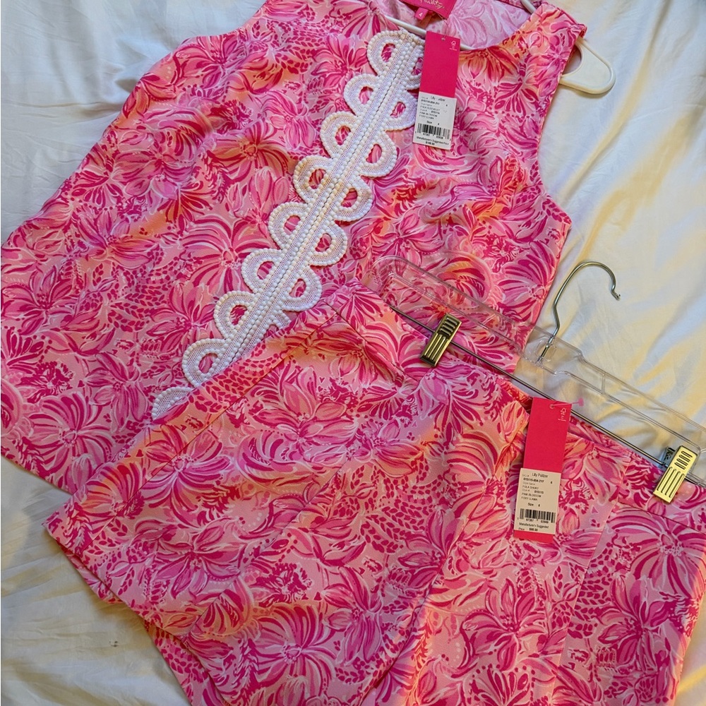 NWT LILLY PULITZER FOLA SLEEVELESS TOP AND SHORT 4 6 PINK BLOSSOM FOXY LLAMA